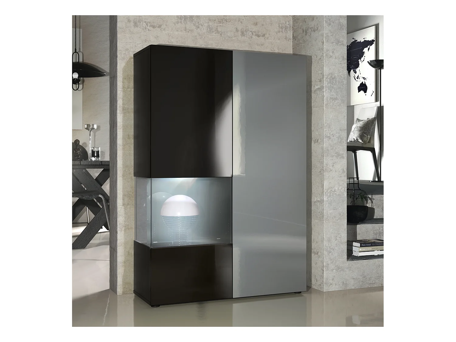 Vitrine Armoire Morena, Corps en Noir mat / Porte droite et insert en Gris haute brillance avec éclairage LED