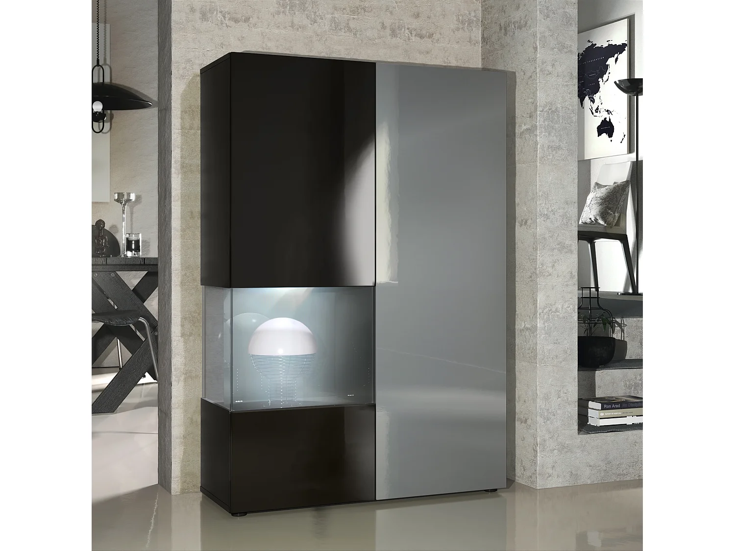 Armadio espositivo alto Morena, struttura in nero opaco / anta destra e inserto in grigio lucido con illuminazione a LED