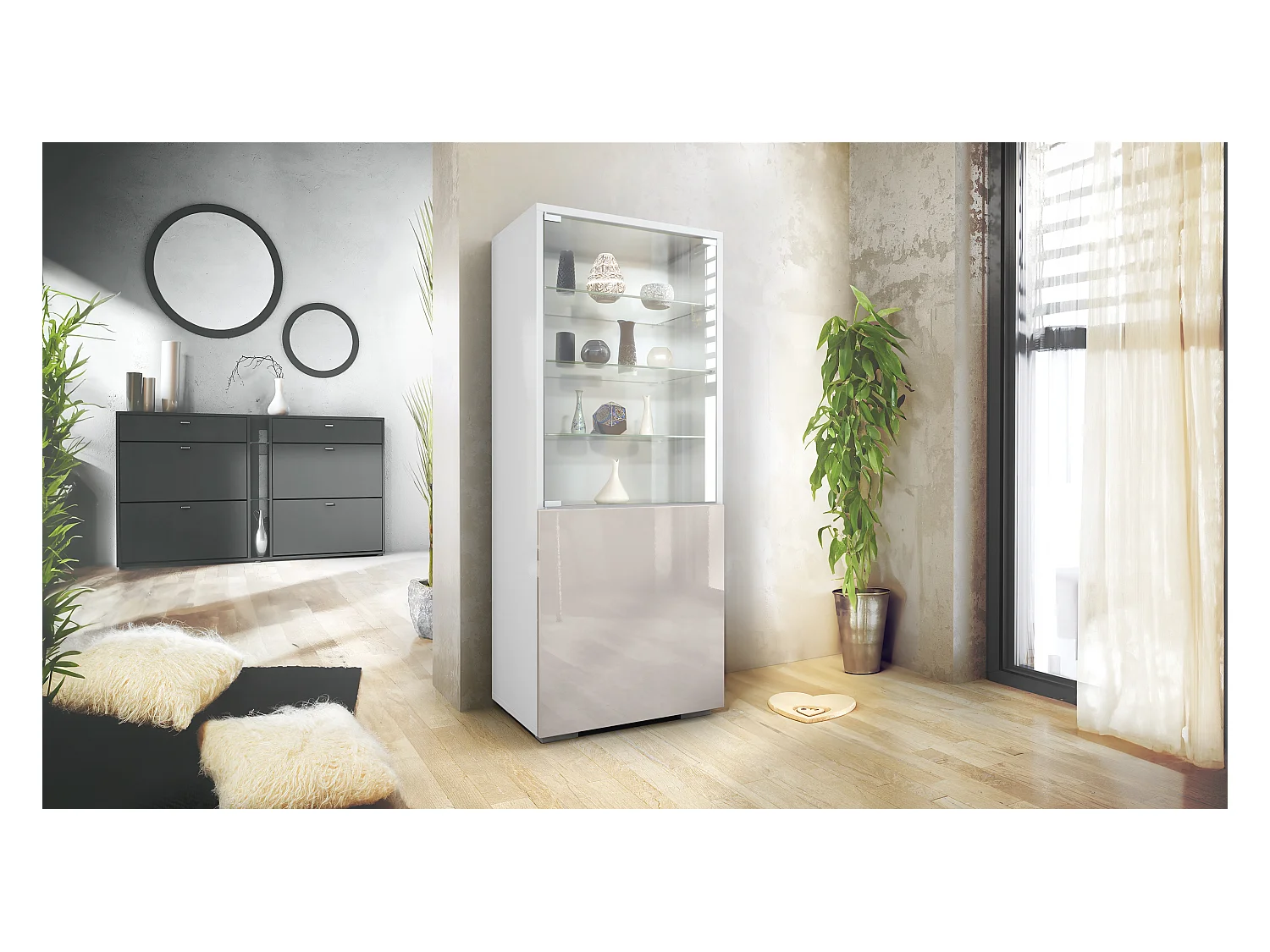 Vitrine Granada, Armoire Vitrée Made in Germany, avec Porte en Verre et Insert en Verre, blanc mat/gris sable haute brillance (50 x 122,5 x 34,5 cm)