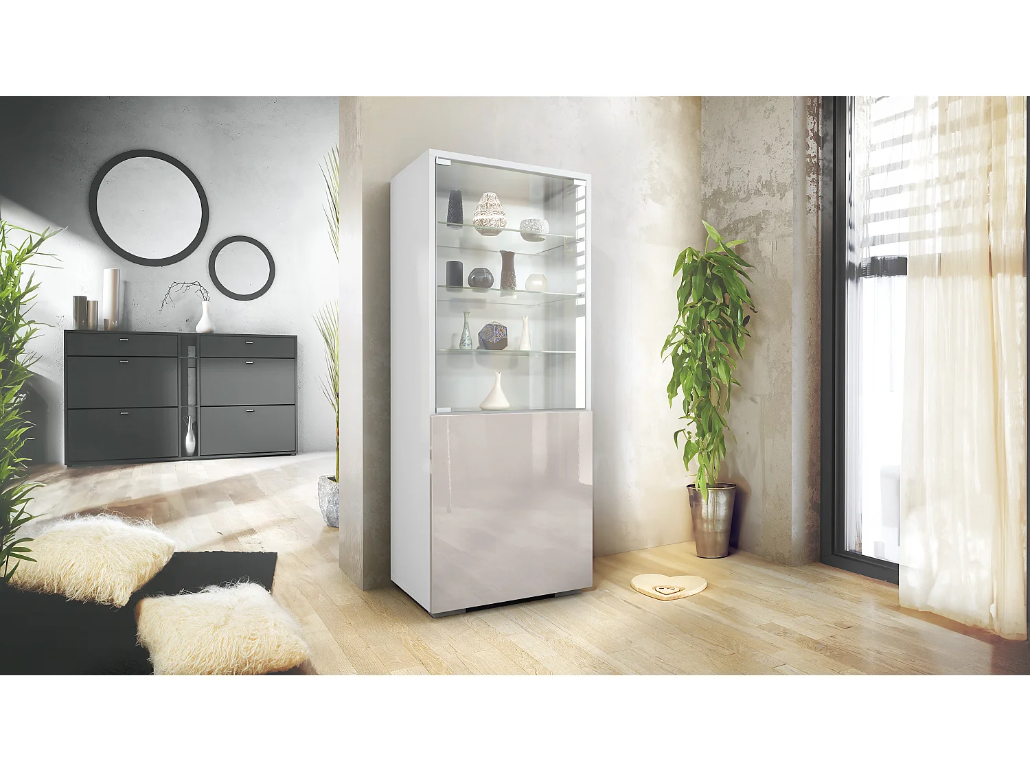 Vetrina Granada, Armadio Vetrina Made in Germany con Porta in Vetro e Inserto in Vetro, bianco opaco/grigio sabbia lucido (50 x 122,5 x 34,5 cm)