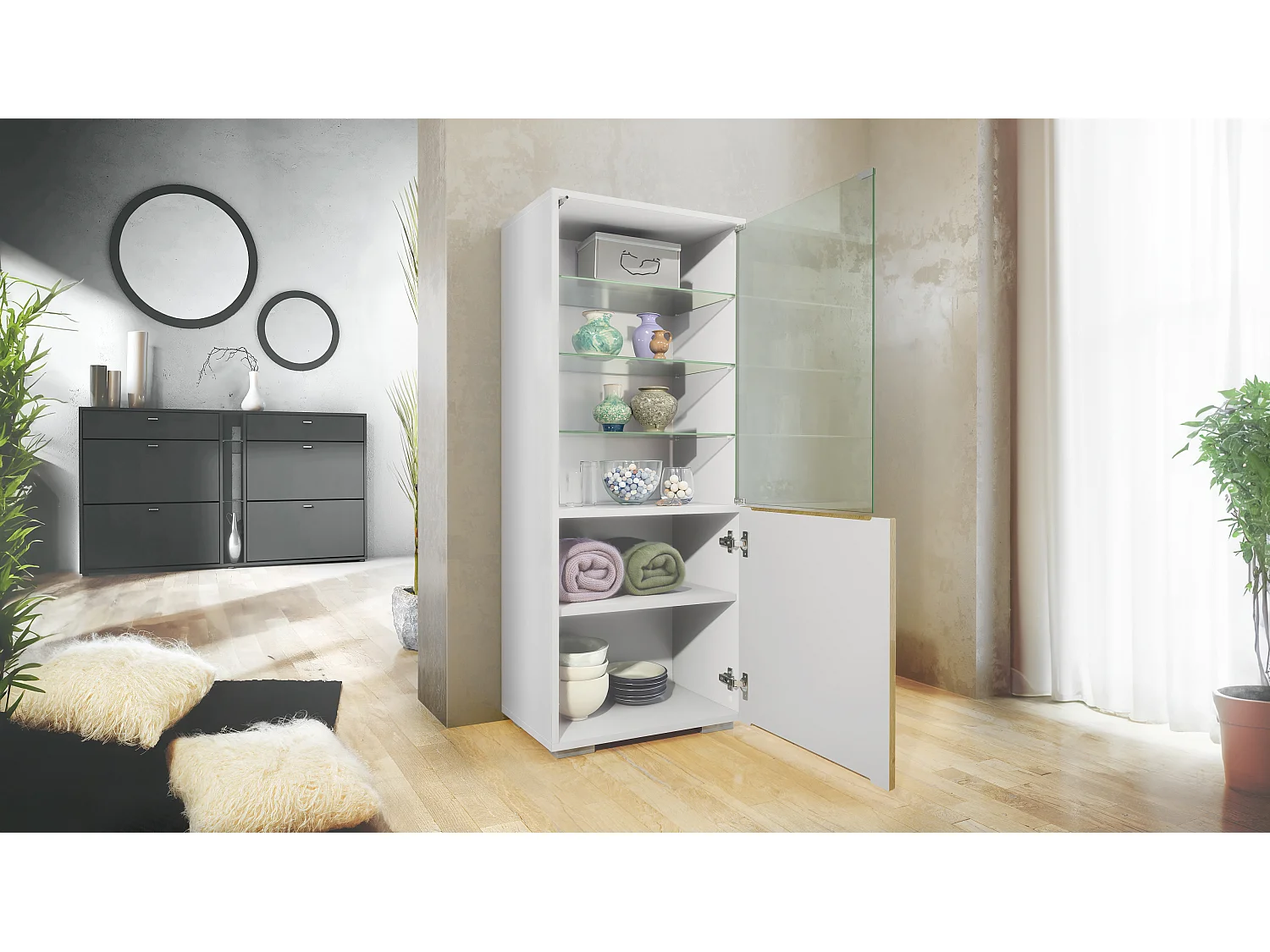 Vetrina Granada, Armadio Vetrina Made in Germany con Porta in Vetro e Inserto in Vetro, bianco opaco/grigio sabbia lucido (50 x 122,5 x 34,5 cm)