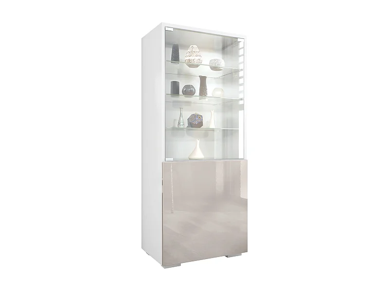 Vitrine Granada, Armoire Vitrée Made in Germany, avec Porte en Verre et Insert en Verre, blanc mat/gris sable haute brillance (50 x 122,5 x 34,5 cm)