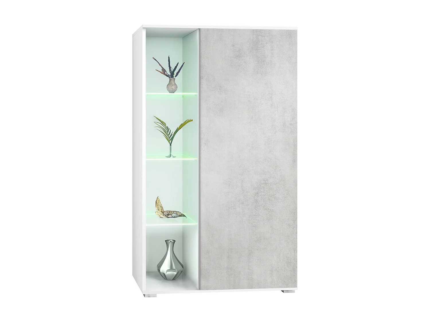 Vitrine Davos, vitrine sur pied avec 3 étagères en verre et 8 compartiments y compris LED, blanc mat/aspect béton oxyde  (71,5 x 134 x 35 cm)