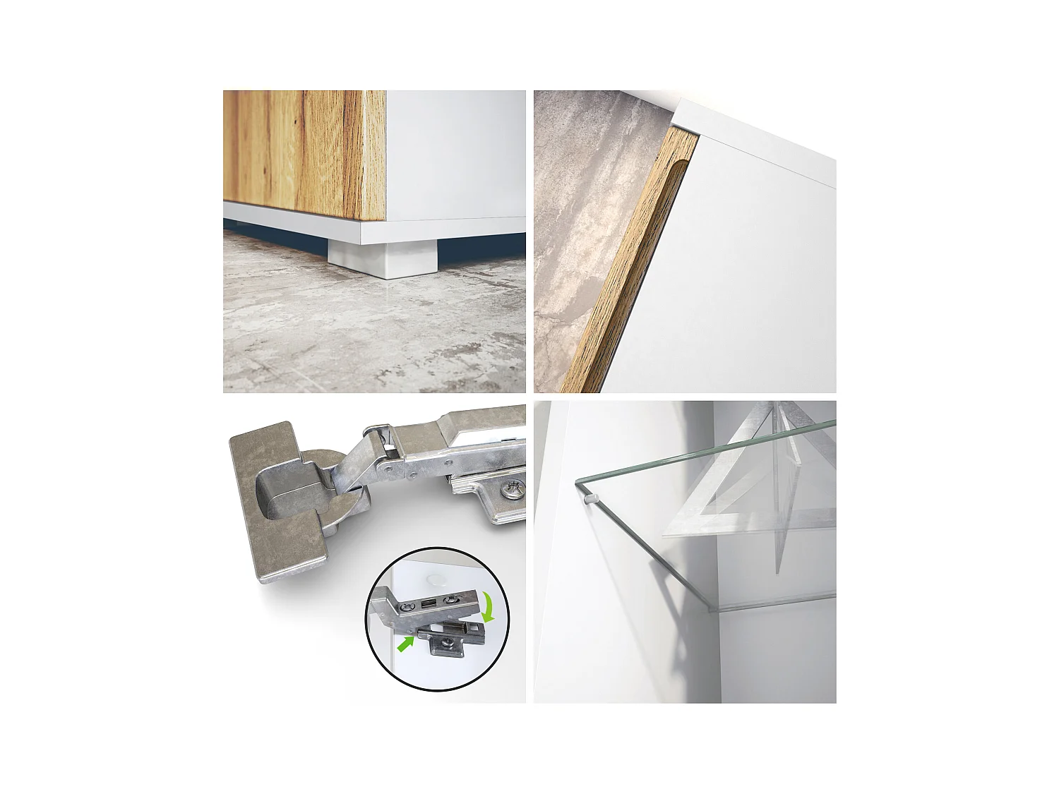 Vitrine Davos, vitrine sur pied avec 3 étagères en verre et 8 compartiments y compris LED, blanc mat/aspect béton oxyde  (71,5 x 134 x 35 cm)