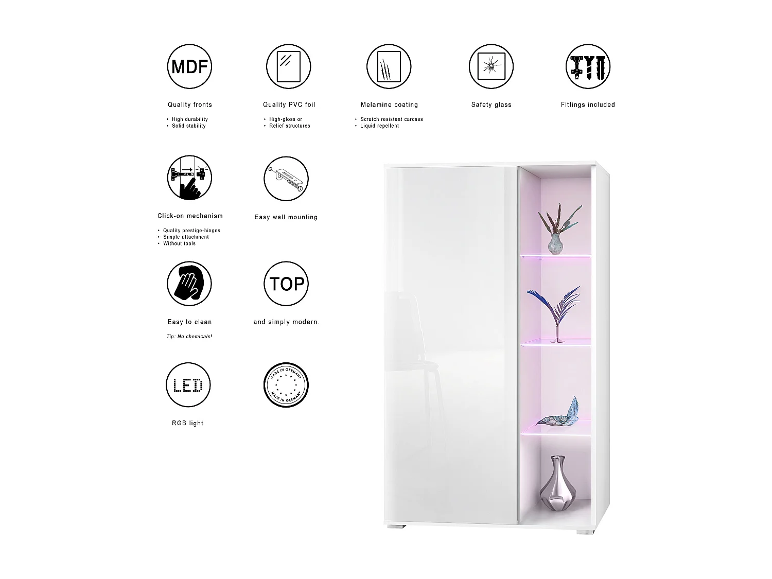 Vitrine Davos, vitrine sur pied avec 3 étagères en verre et 8 compartiments y compris LED, blanc mat/aspect béton oxyde  (71,5 x 134 x 35 cm)