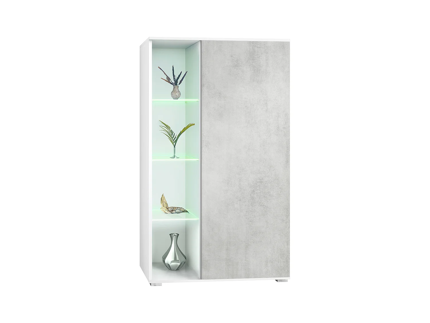 Vitrina Davos, vitrina independiente con 3 estantes de cristal y 8 compartimentos incl. LED, blanco mate/hormigón oxidado  (71,5 x 134 x 35 cm)
