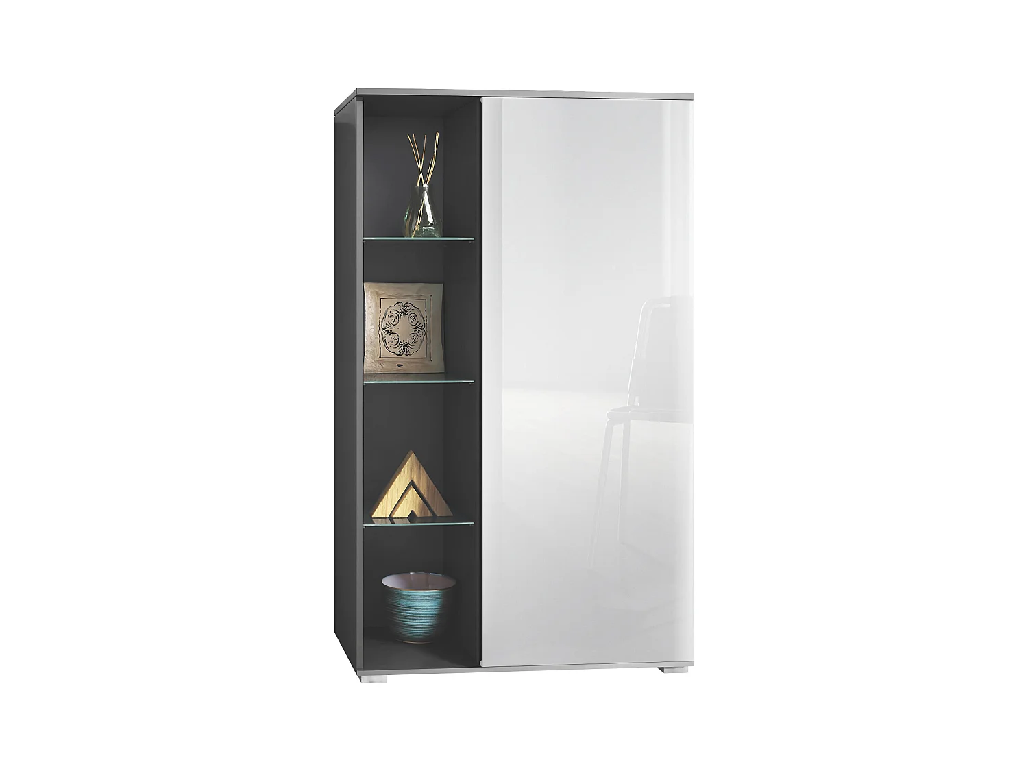 Vitrine Davos, vitrine sur pied avec 3 étagères en verre et 8 compartiments, anthracite mat/blanc haute brillance  (71,5 x 134 x 35 cm)