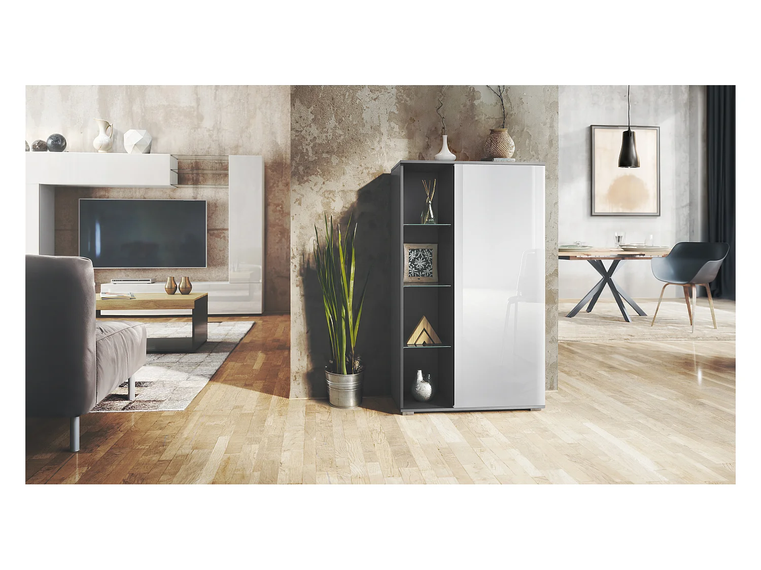 Vitrine Davos, vitrine sur pied avec 3 étagères en verre et 8 compartiments, anthracite mat/blanc haute brillance  (71,5 x 134 x 35 cm)