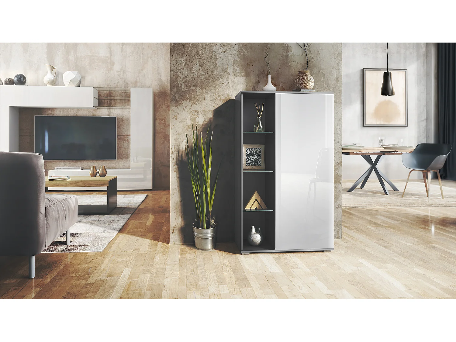 Vetrina Davos, vetrina indipendente con 3 ripiani in vetro e 8 vani, antracite opaco /bianco lucido  (71,5 x 134 x 35 cm)