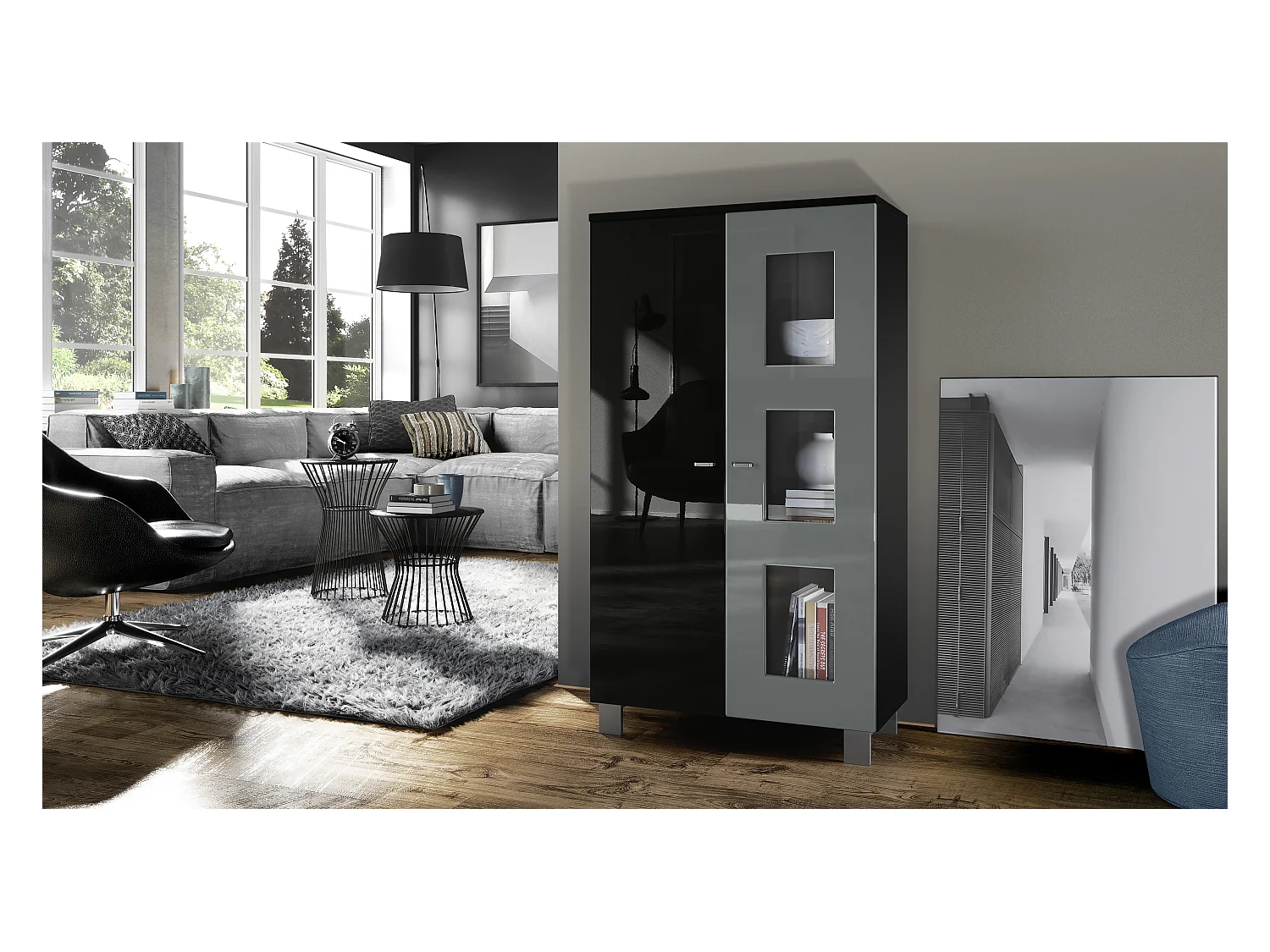 Vitrine de salon Denjo, Vitrine sur pied avec 2 portes et 3 vitres, Noir mat/Noir haute brillance/Gris haute brillance (71 x 129 x 35 cm)