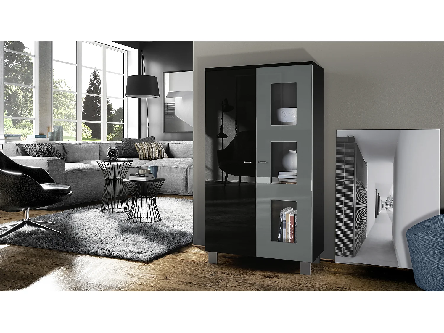 Vetrina  Denjo, vetrina indipendente con 2 ante e 3 pannelli in vetro, nero opaco/nero lucido/grigio lucido