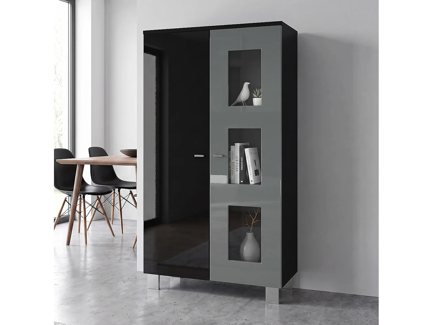 Vitrine de salon Denjo, Vitrine sur pied avec 2 portes et 3 vitres, Noir mat/Noir haute brillance/Gris haute brillance (71 x 129 x 35 cm)