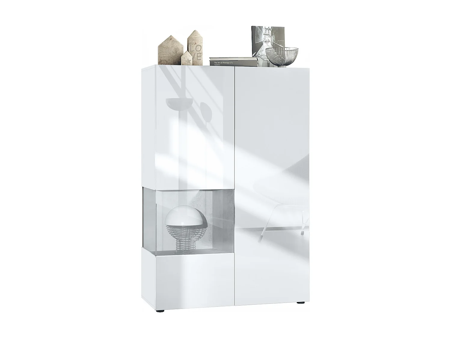 Vitrine Morena V2, vitrine sur pied avec 2 portes et insert en verre, corps blanc mat, façades blanc haute brillance, Cube aspect béton oxyde