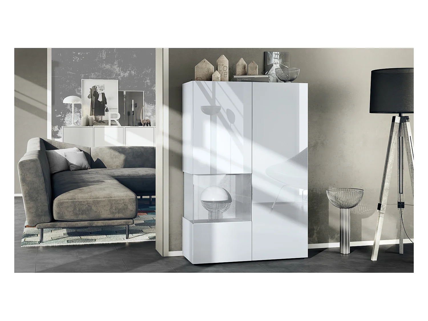 Vitrine Morena V2, vitrine sur pied avec 2 portes et insert en verre, corps blanc mat, façades blanc haute brillance, Cube aspect béton oxyde