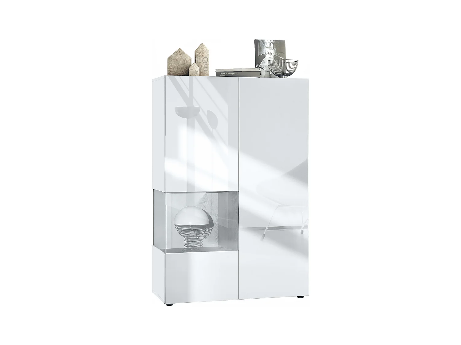 Vitrina Vladon Morena V2, vitrina de pie con 2 puertas e inserción de cristal, carcasa blanco mate, frentes blanco de alto brillo, cubo hormigón oxidado