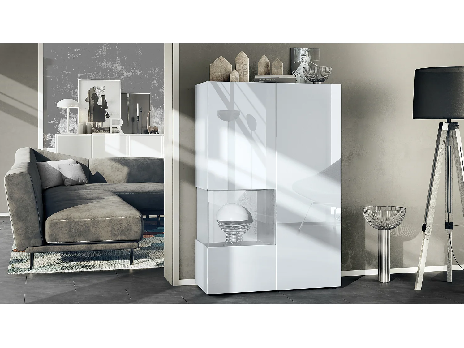 Vetrina Vladon Morena V2, vetrina a pavimento, mobile bianco opaco, frontali bianco lucido, cubo ottica cermento ossido  (91,5 x 136,5 x 37 cm)