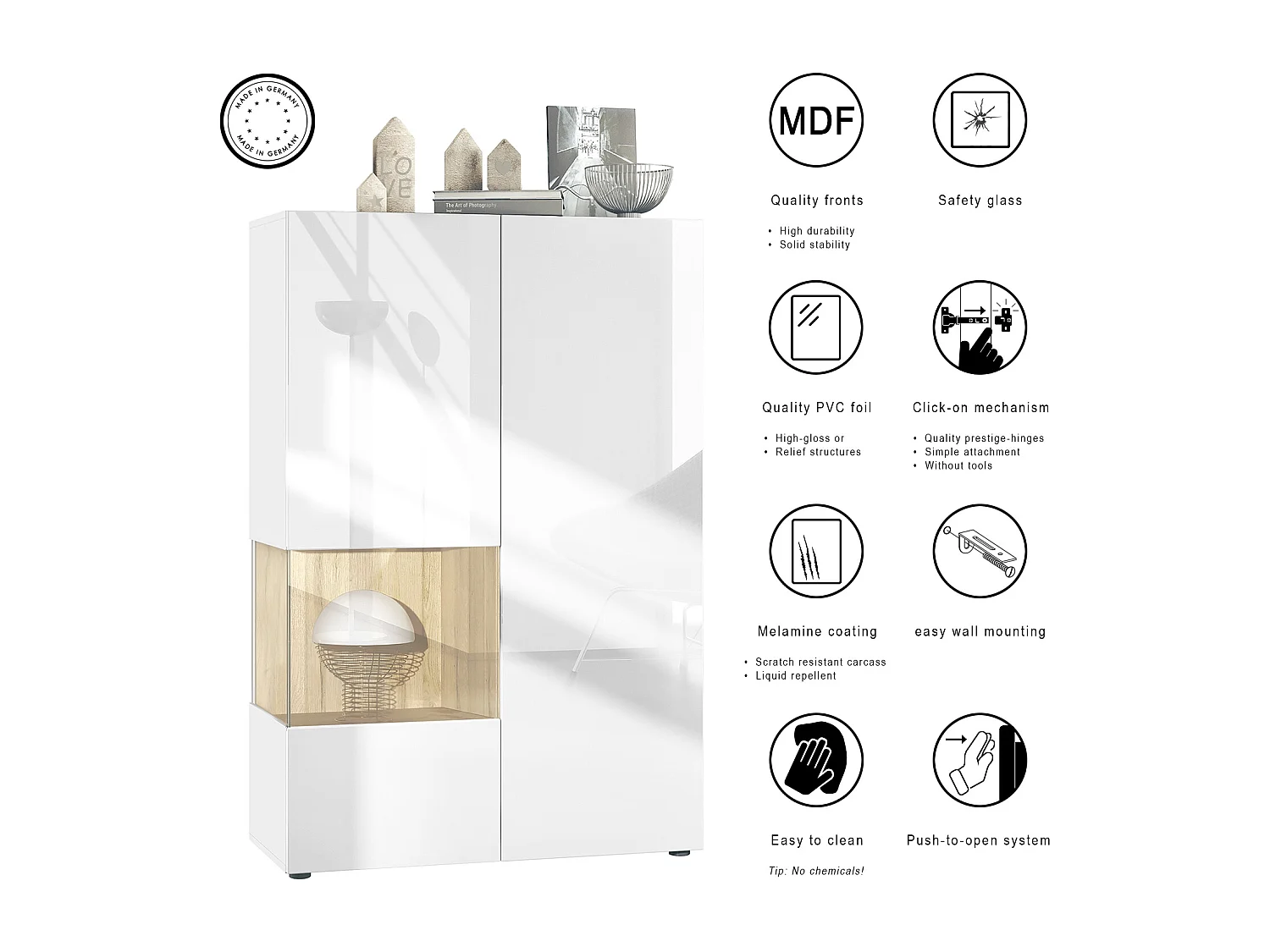 Vetrina Vladon Morena V2, vetrina a pavimento, mobile bianco opaco, frontali bianco lucido, cubo ottica cermento ossido  (91,5 x 136,5 x 37 cm)