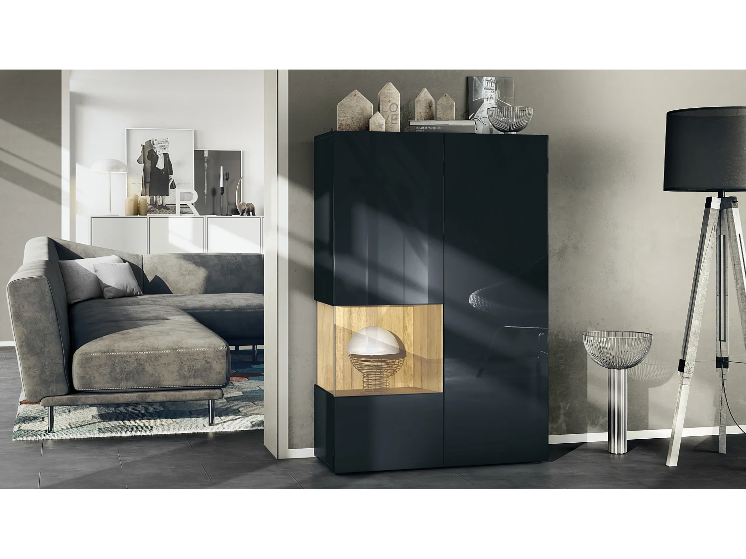 Vetrina Vladon Morena V2, vetrina a pavimento con 2 ante e inserto in vetro, mobile nero opaco, frontali nero lucido, cubo rovere naturale  (91,5 x 136,5 x 37 cm)