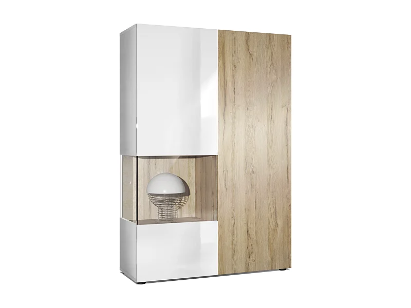 Vitrina Cómoda Morena, cuerpo en blanco mate/ puerta derecha e inserción en roble natural