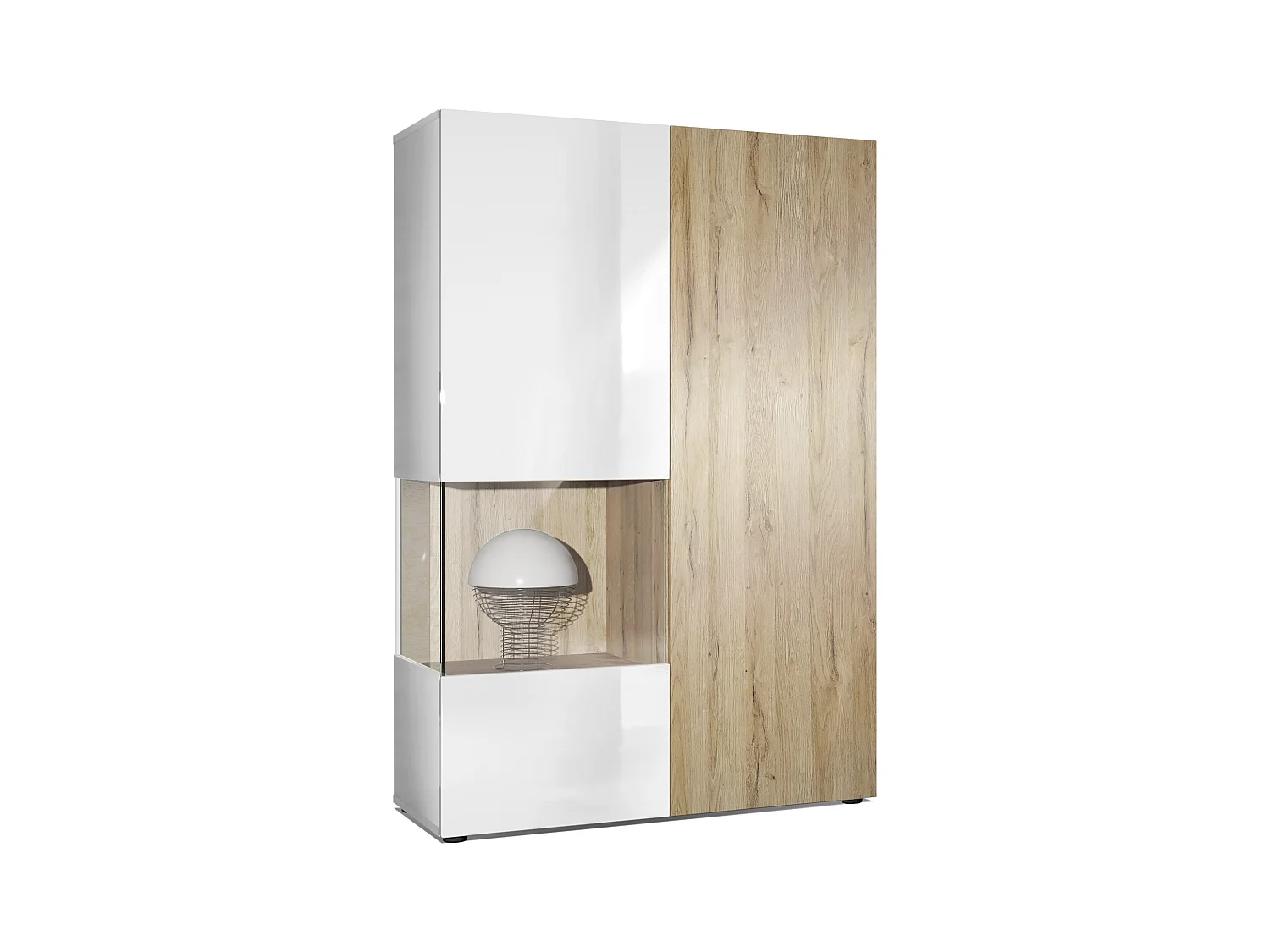 Vitrine Armoire Morena, Corps en Blanc mat / Porte droite et insert en Chêne Nature