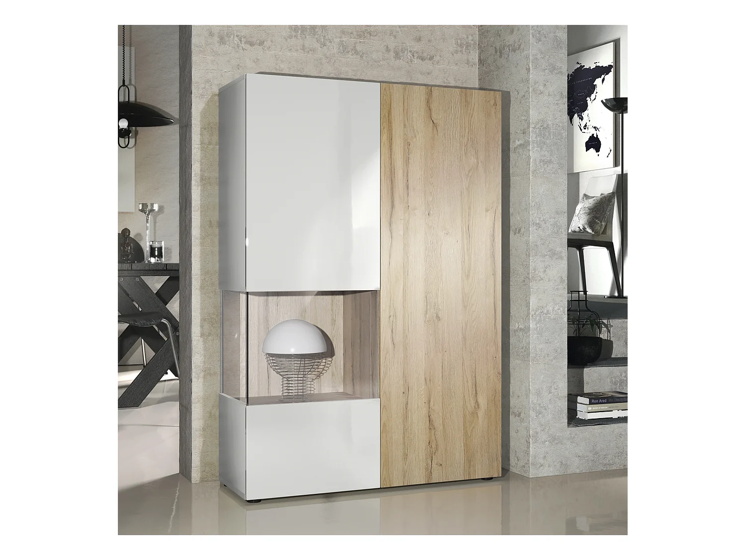 Vitrine Armoire Morena, Corps en Blanc mat / Porte droite et insert en Chêne Nature