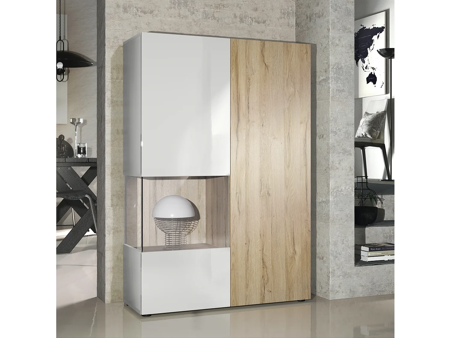 Armadio espositivo alto Morena, struttura in bianco opaco / anta destra e inserto in rovere naturale