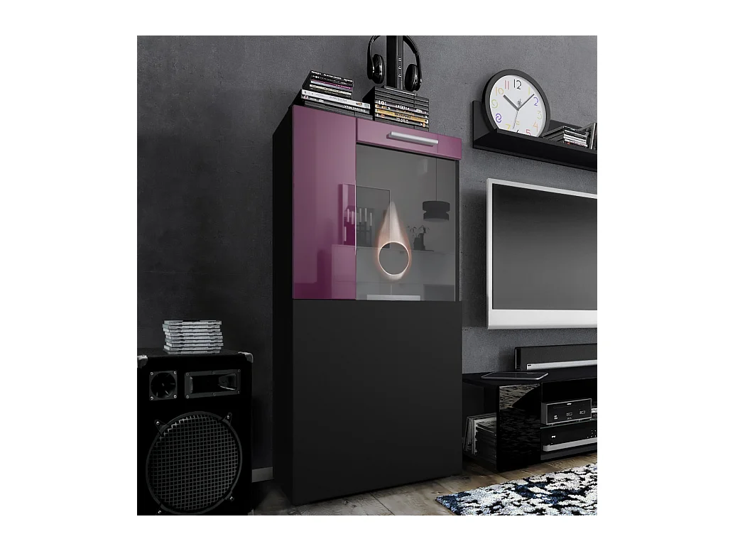 Vitrine de cinéma, noir mat/mûre haute brillance - Vitrine moderne en verre - (LxHxP) : 50,5 x 111 x 32,5 cm