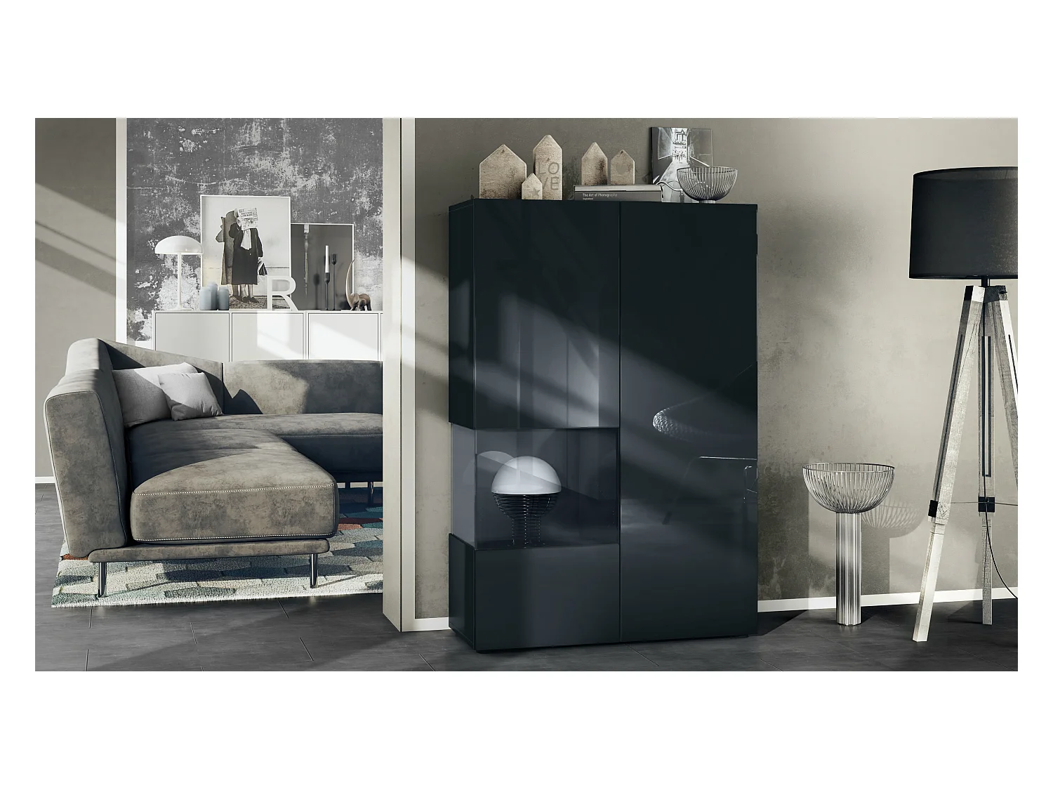 Vitrine Morena V2, vitrine sur pied avec 2 portes et insert en verre, corps noir mat, façades noir haute brillance, Cube noir haute brillance