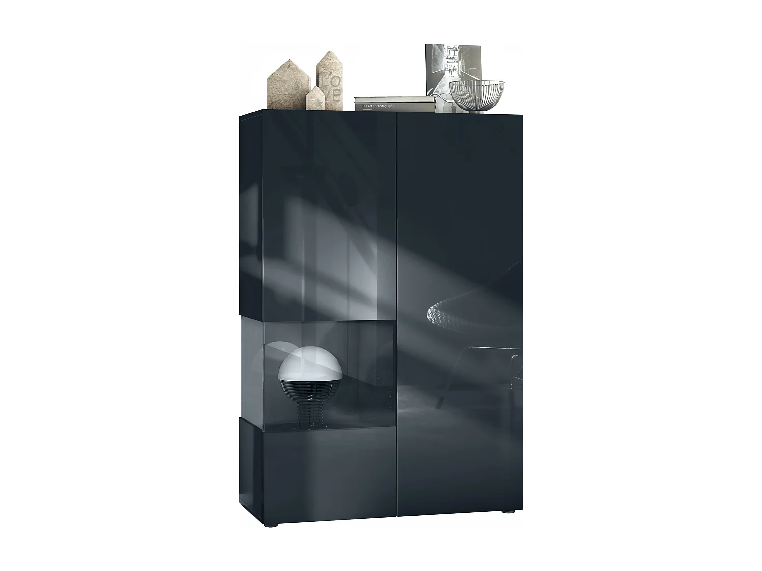 Vetrina Vladon Morena V2, vetrina a pavimento con 2 ante e inserto in vetro, mobile nero opaco, frontali nero lucido, cubo nero lucido  (91,5 x 136,5 x 37 cm)