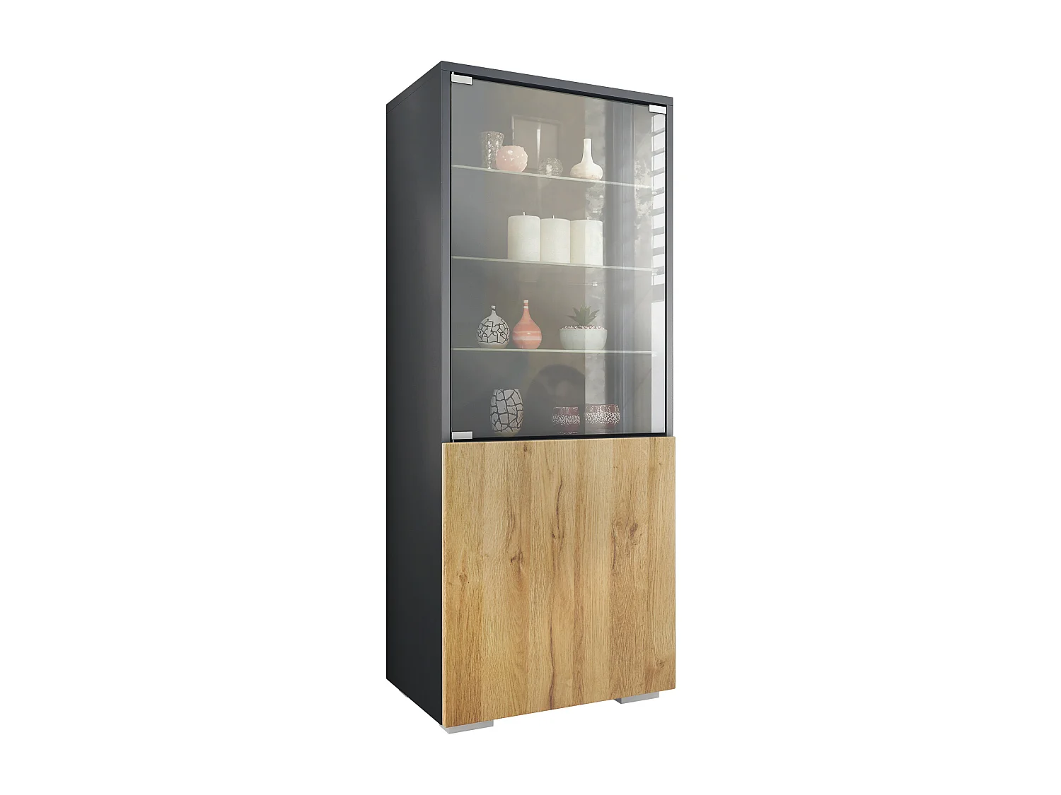 Vitrine Granada de , Armoire Vitrée Made in Germany avec Porte en Verre et Insert en Verre, anthracite mat/chêne nature (50 x 122,5 x 34,5 cm)