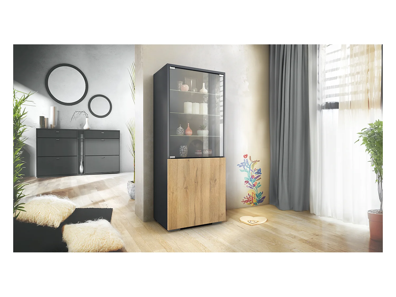 Vitrine Granada de , Armoire Vitrée Made in Germany avec Porte en Verre et Insert en Verre, anthracite mat/chêne nature (50 x 122,5 x 34,5 cm)