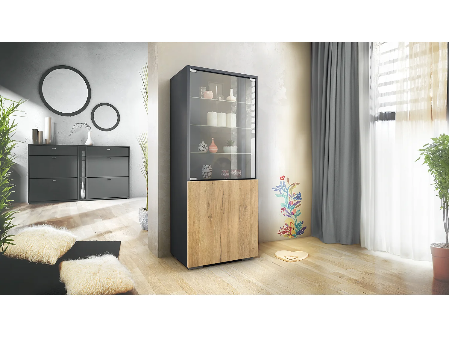 Vetrina Granada di Vladon, Armadio Vetrina Made in Germany con Porta in Vetro e Inserto in Vetro, antracite opaco /rovere naturale (50 x 122,5 x 34,5 cm)