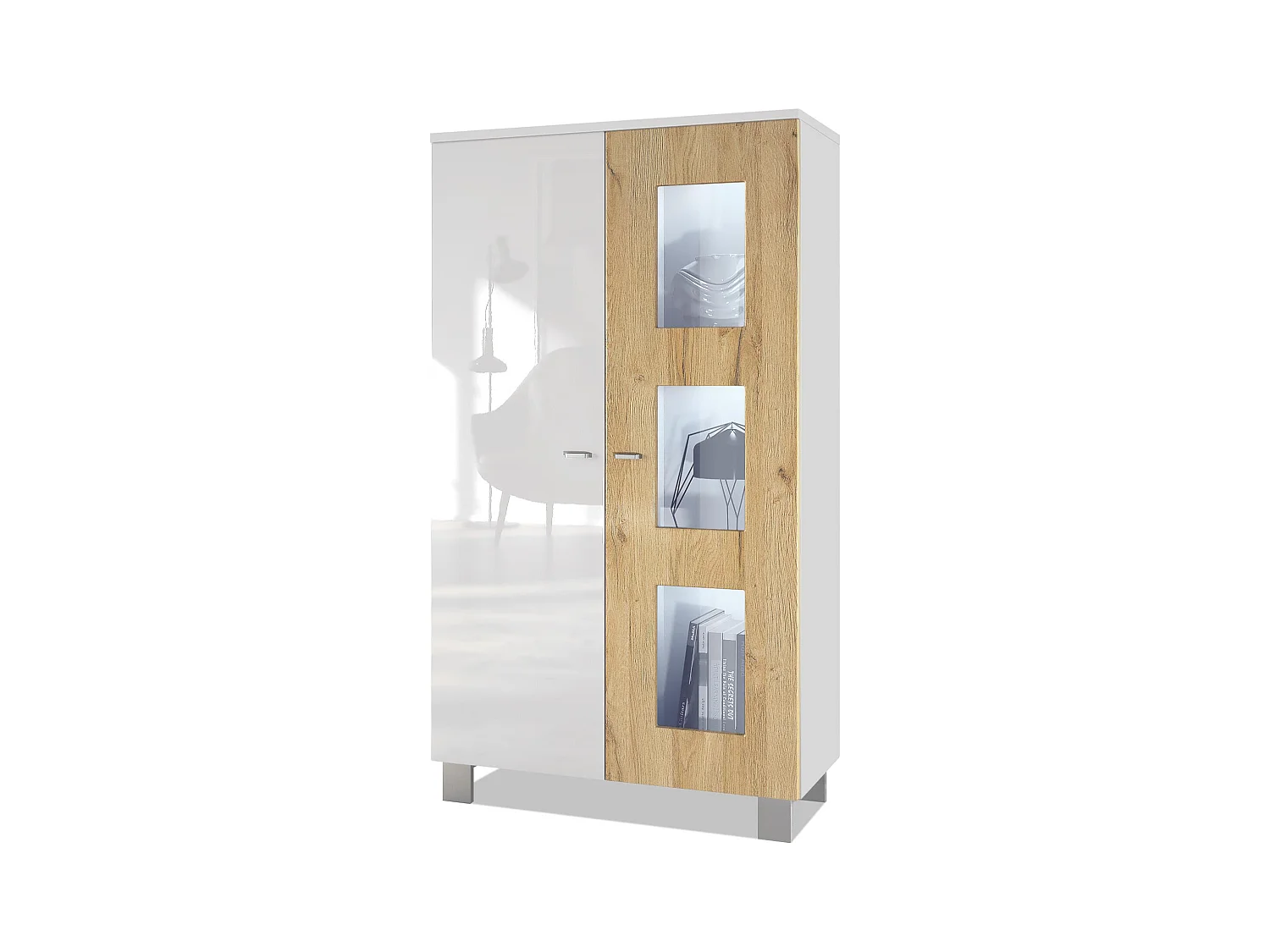 Vitrine de salon Denjo, Vitrine sur pied avec 2 portes et 3 vitres, Blanc mat/Blanc haute brillance/Chêne Nature, éclairage LED inclus (71 x 129 x 35 cm)