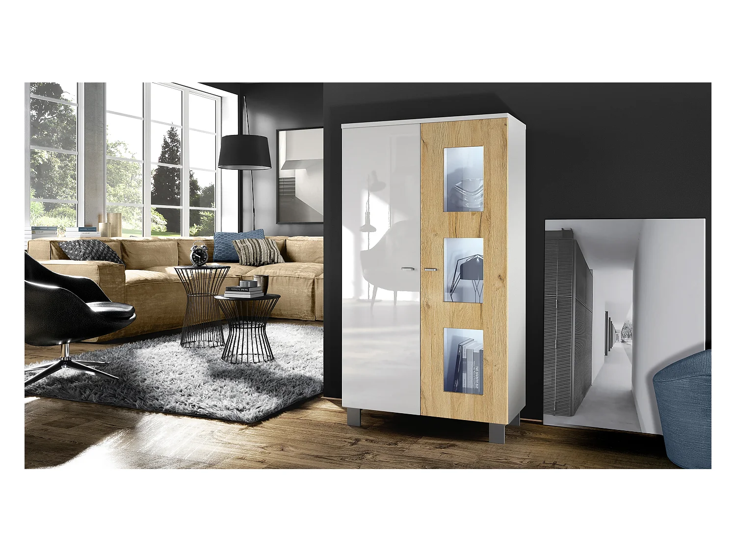 Vitrine de salon Denjo, Vitrine sur pied avec 2 portes et 3 vitres, Blanc mat/Blanc haute brillance/Chêne Nature, éclairage LED inclus (71 x 129 x 35 cm)