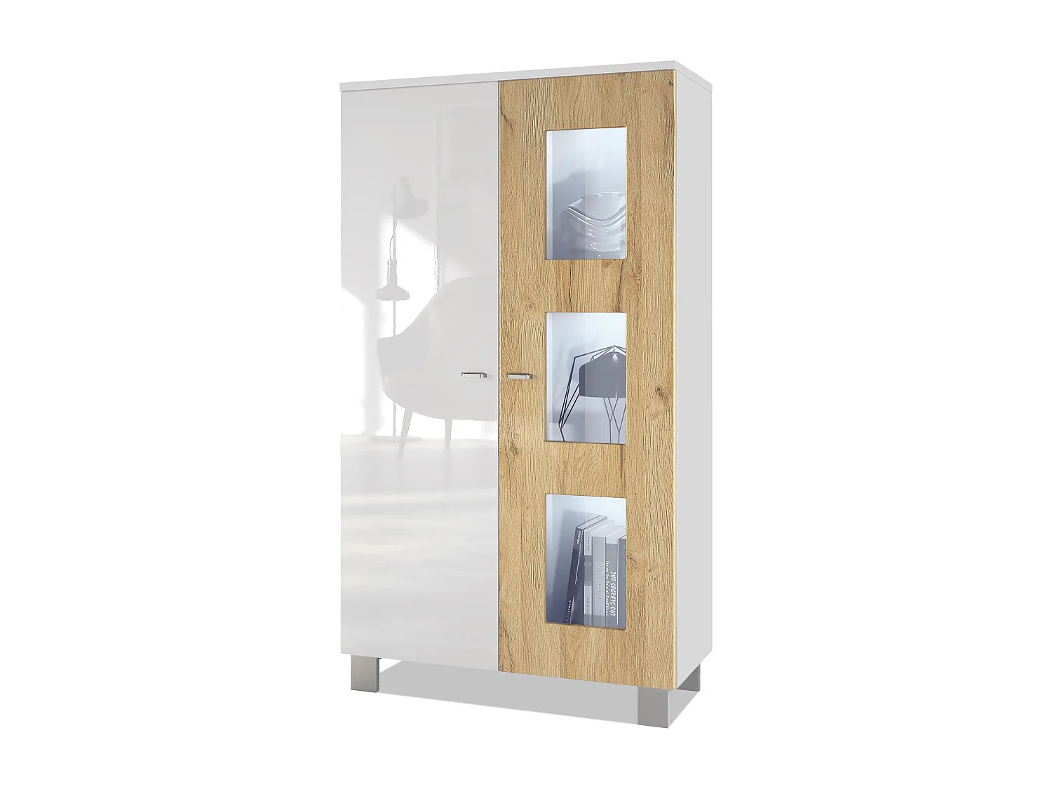 Vetrina  Denjo, vetrina indipendente con 2 ante e 3 pannelli in vetro, bianco opaco/bianco lucido/quercia naturale, illuminazione a LED inclusa.