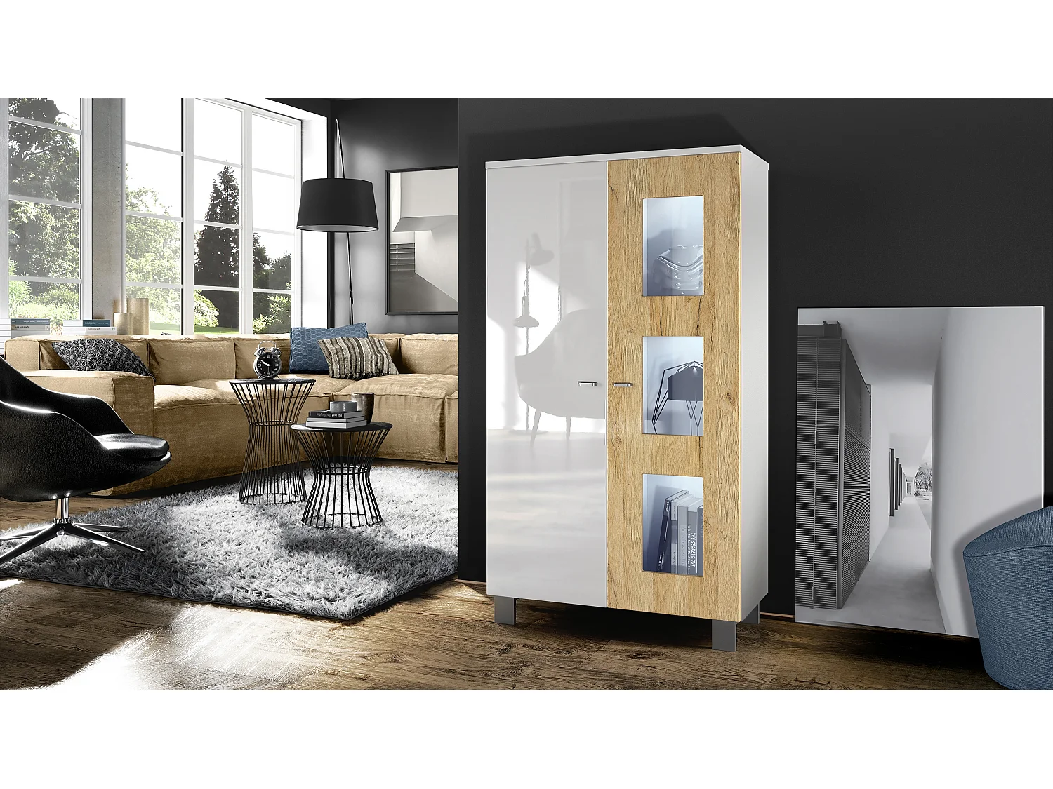 Vetrina  Denjo, vetrina indipendente con 2 ante e 3 pannelli in vetro, bianco opaco/bianco lucido/quercia naturale, illuminazione a LED inclusa.