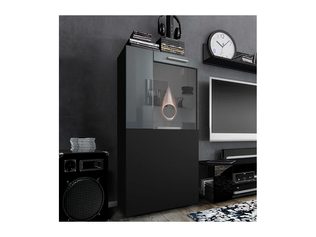 Vitrine de cinéma, noir mat/gris haute brillance - Vitrine moderne en verre - (LxHxP) : 50,5 x 111 x 32,5 cm