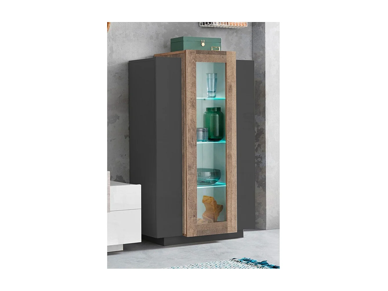 Armoire vitrine haute moderne noire et bois pour salon 80x120cm Corona Hound