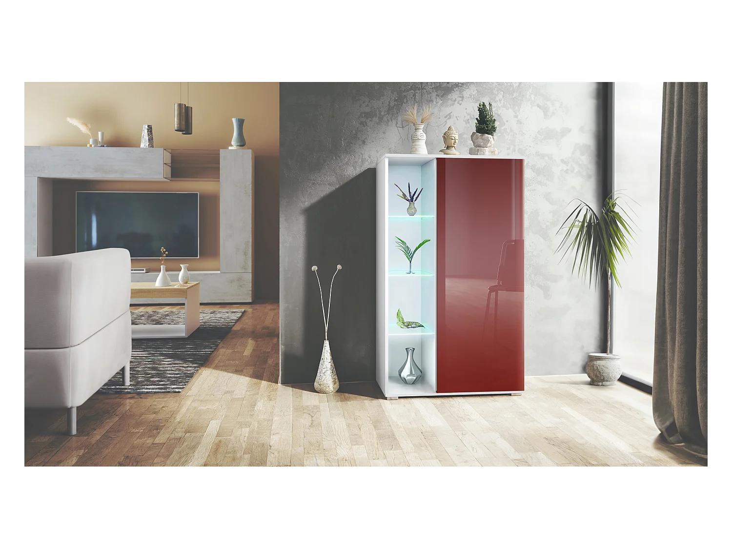 Vetrina Davos, vetrina indipendente con 3 ripiani in vetro e 8 vani incl. LED, bianco opaco/bordeaux lucido  (71,5 x 134 x 35 cm)