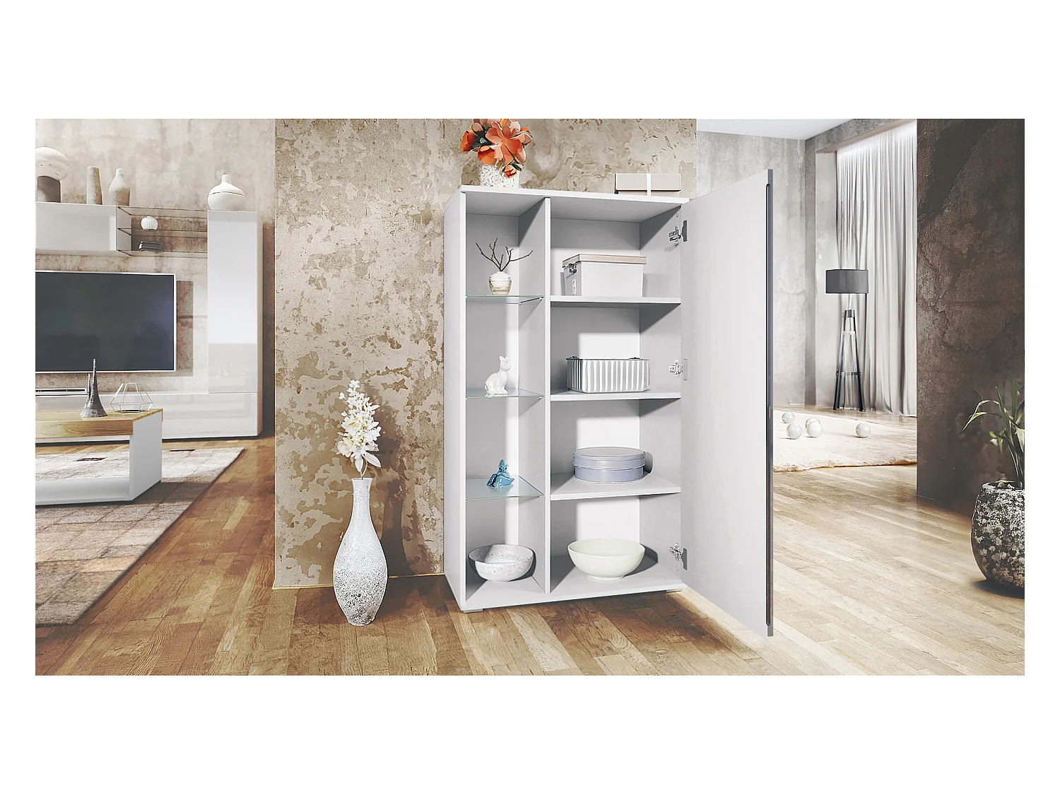 Vetrina Davos, vetrina indipendente con 3 ripiani in vetro e 8 vani incl. LED, bianco opaco/bordeaux lucido  (71,5 x 134 x 35 cm)