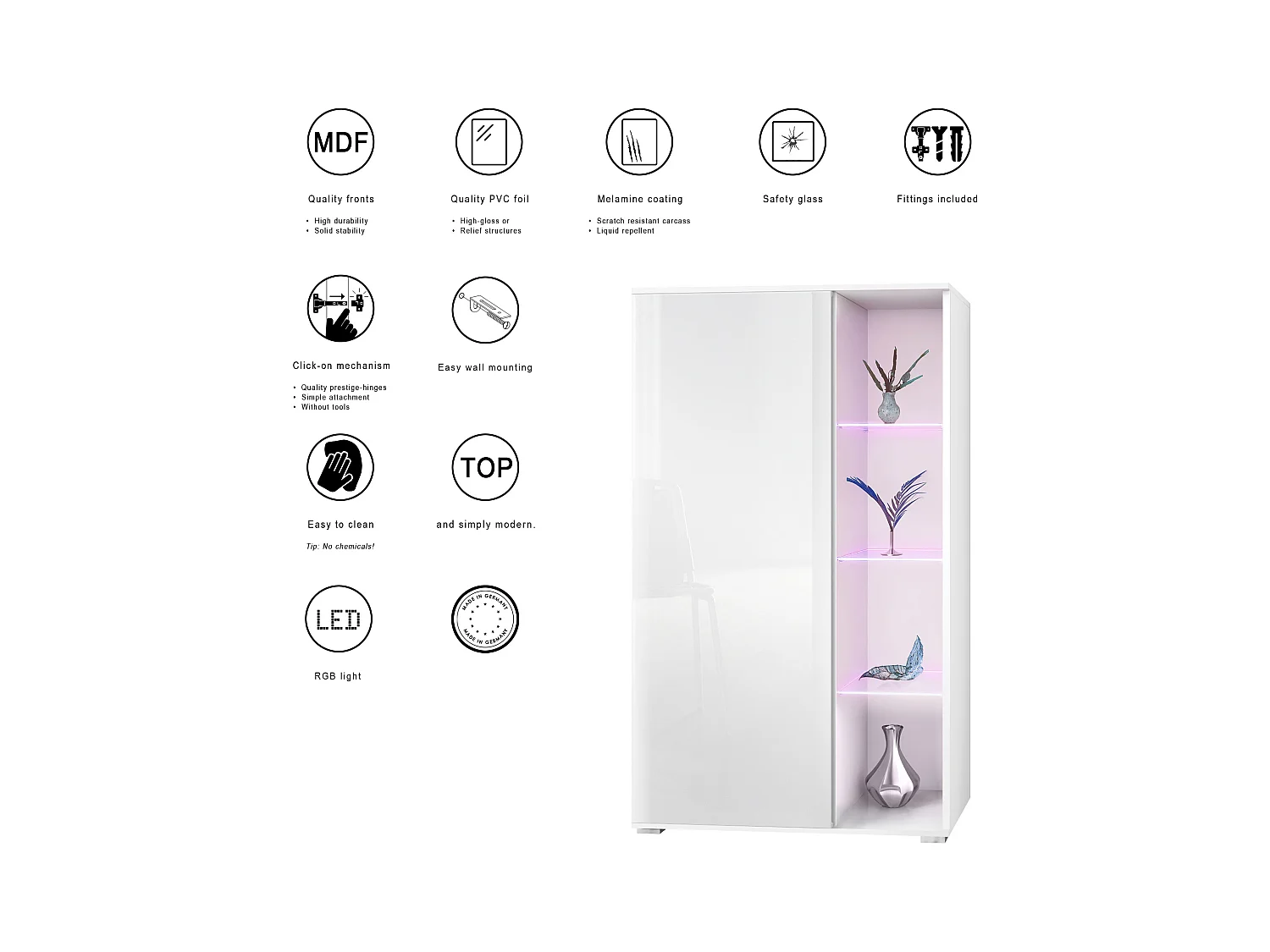 Vetrina Davos, vetrina indipendente con 3 ripiani in vetro e 8 vani incl. LED, bianco opaco/bordeaux lucido  (71,5 x 134 x 35 cm)