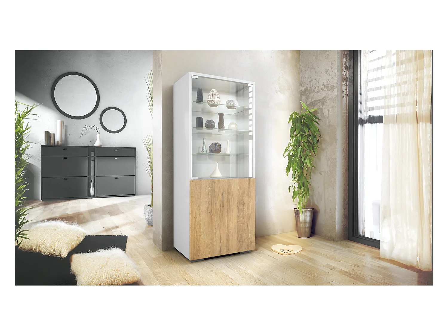 Vitrine Granada, Armoire Vitrée Made in Germany, avec Porte en Verre et Insert en Verre, blanc mat/chêne nature (50 x 122,5 x 34,5 cm)