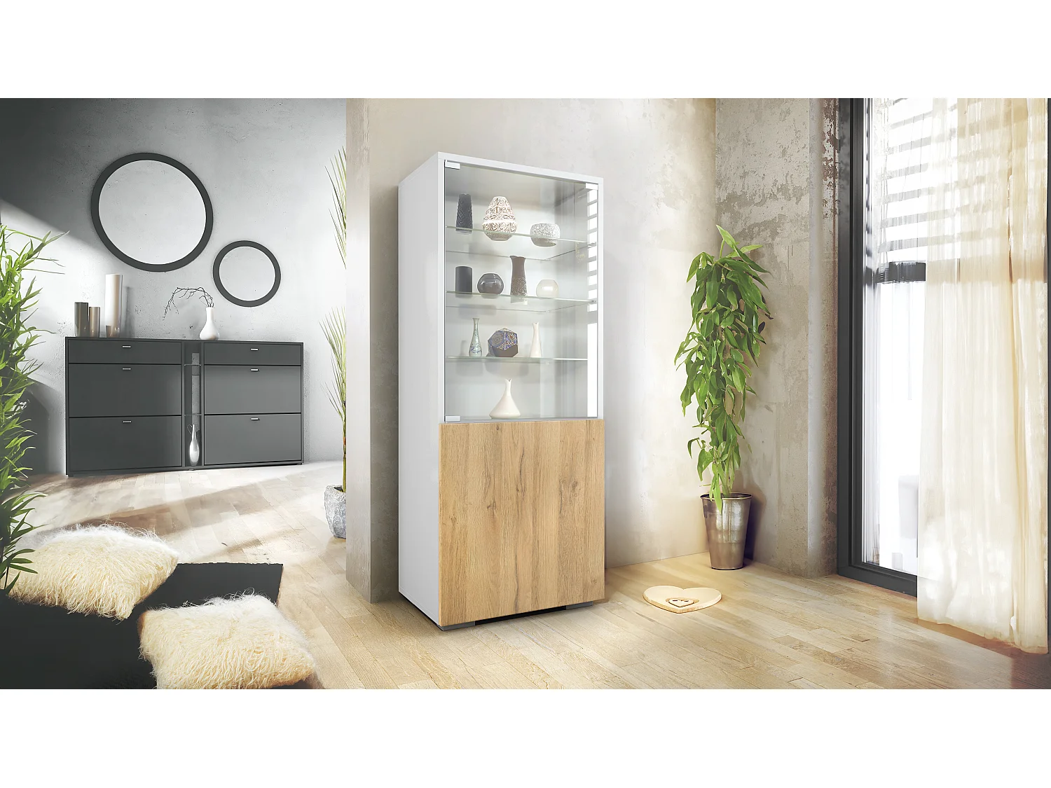 Vetrina Granada, Armadio Vetrina Made in Germany con Porta in Vetro e Inserto in Vetro, bianco opaco/rovere naturale (50 x 122,5 x 34,5 cm)