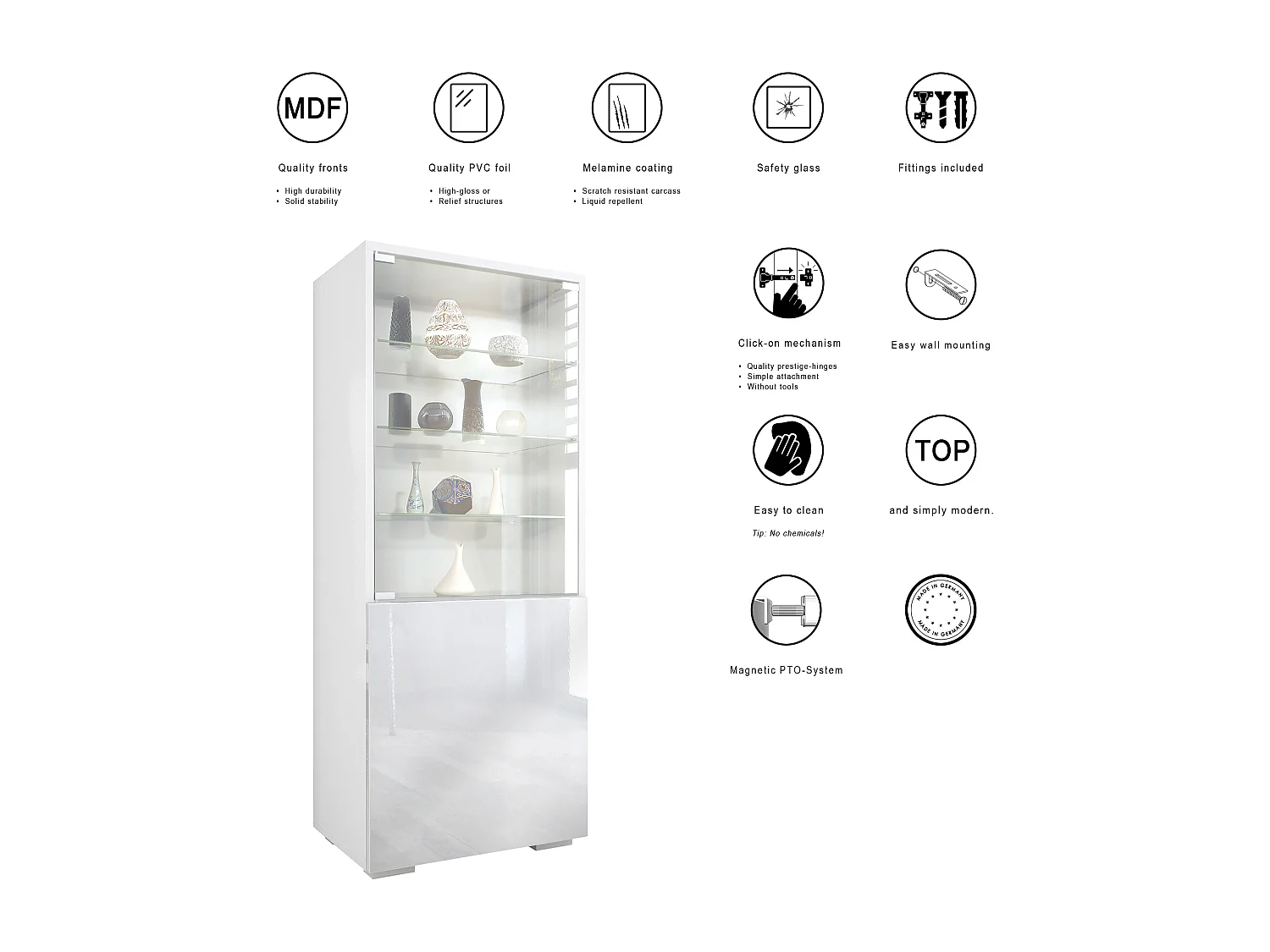 Vetrina Granada, Armadio Vetrina Made in Germany con Porta in Vetro e Inserto in Vetro, bianco opaco/rovere naturale (50 x 122,5 x 34,5 cm)