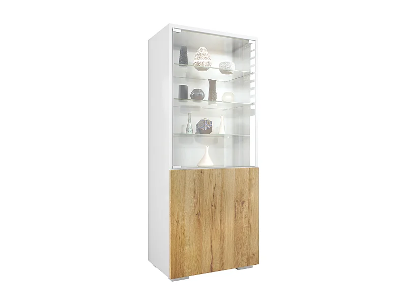 Vitrine Granada, Armoire Vitrée Made in Germany, avec Porte en Verre et Insert en Verre, blanc mat/chêne nature (50 x 122,5 x 34,5 cm)