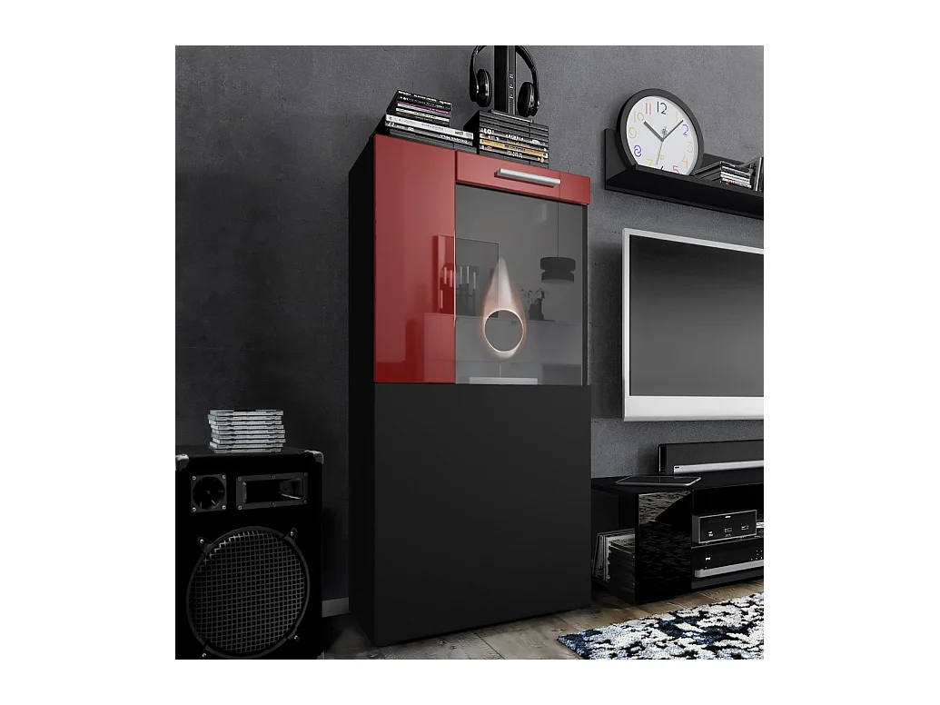 Vitrine de cinéma, noir mat/bordeaux haute brillance - Vitrine moderne en verre - (LxHxP) : 50,5 x 111 x 32,5 cm