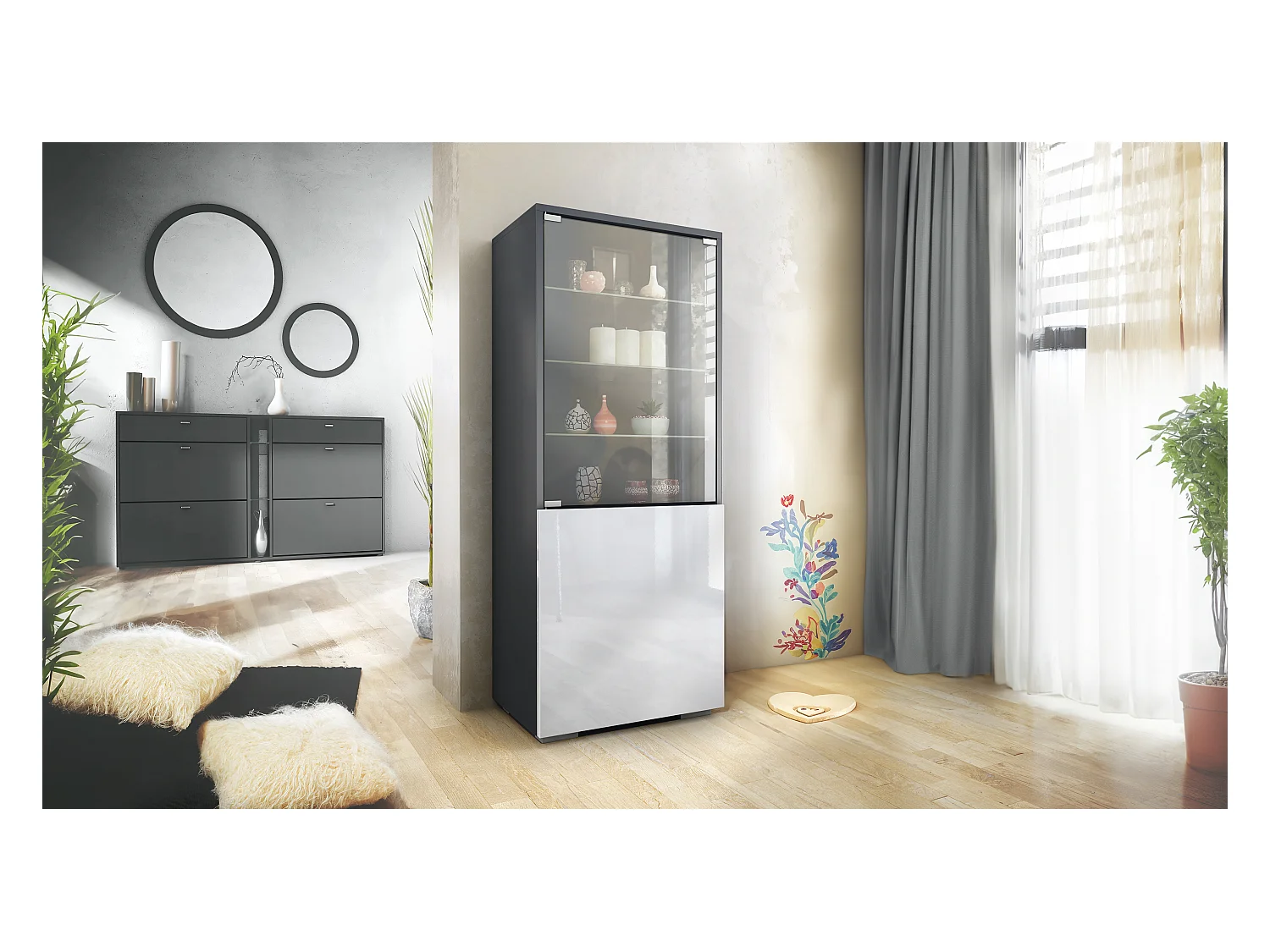Vitrine Granada de , Armoire Vitrée Made in Germany avec Porte en Verre et Insert en Verre, anthracite mat/blanc haute brillance (50 x 122,5 x 34,5 cm)