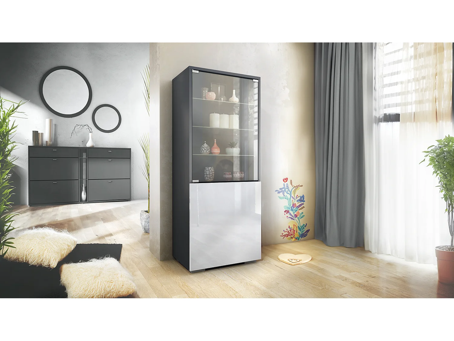 Vetrina Granada di Vladon, Armadio Vetrina Made in Germany con Porta in Vetro e Inserto in Vetro, antracite opaco /bianco lucido (50 x 122,5 x 34,5 cm)