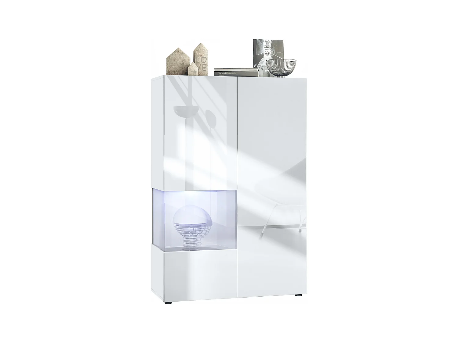 Vitrine Morena V2, vitrine sur pied avec 2 portes et insert en verre, corps blanc mat, façades Blanc brillant, Cube blanc mat avec éclairage LED blanc