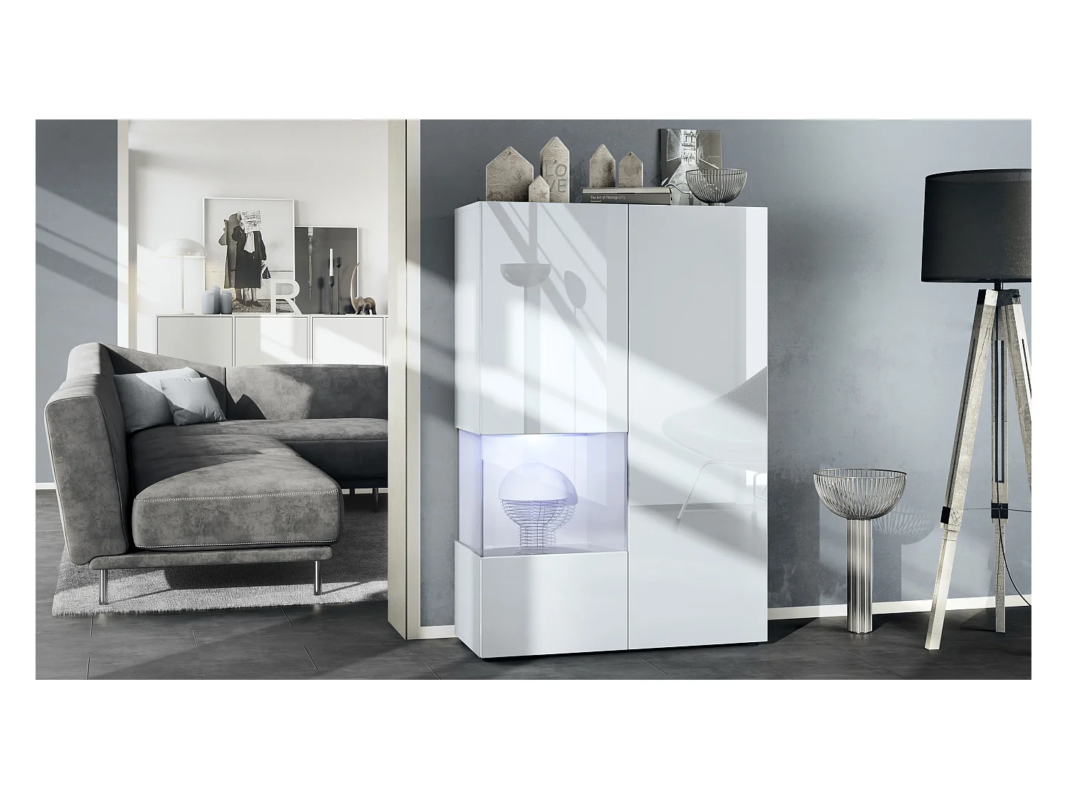 Vitrine Morena V2, vitrine sur pied avec 2 portes et insert en verre, corps blanc mat, façades Blanc brillant, Cube blanc mat avec éclairage LED blanc